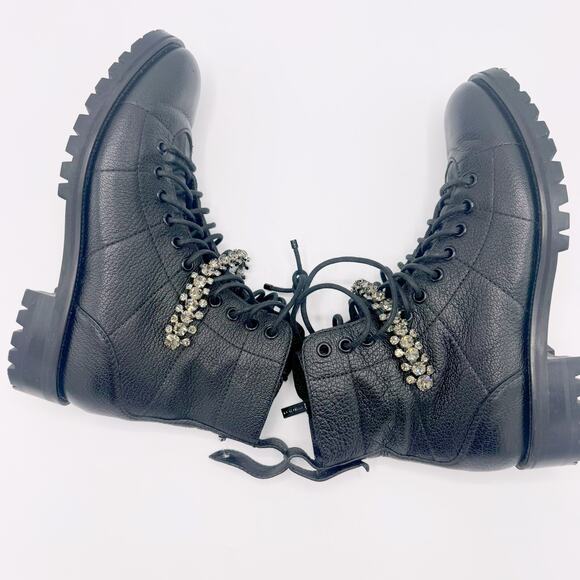 JIMMY CHOO Cruz Flat Black Grainy Leather Combat Boots with Crystal Detail - Picture 14 of 16
